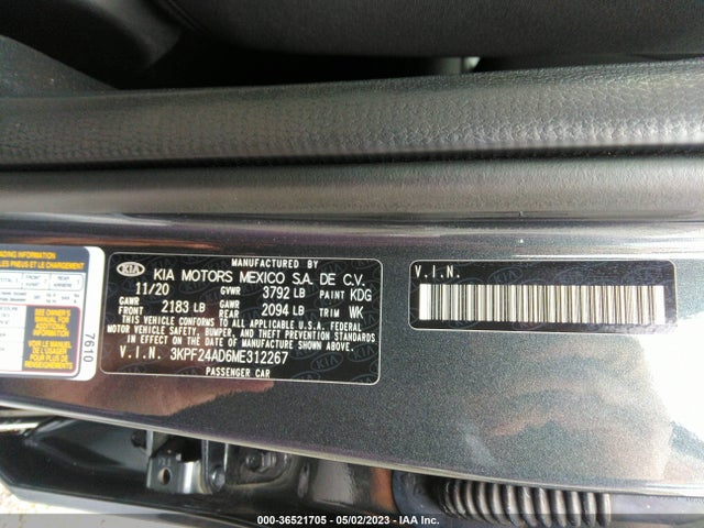 2021 KIA FORTE LXS VIN: 3KPF24AD6ME312267