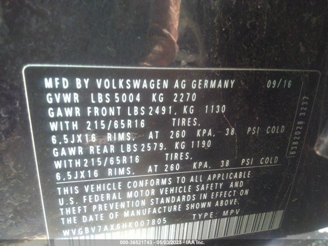 WVGBV7AX6HK007805 Volkswagen TIGUAN