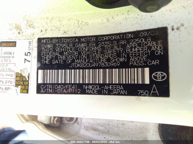 2009 TOYOTA PRIUS VIN: JTDKB20U497830969