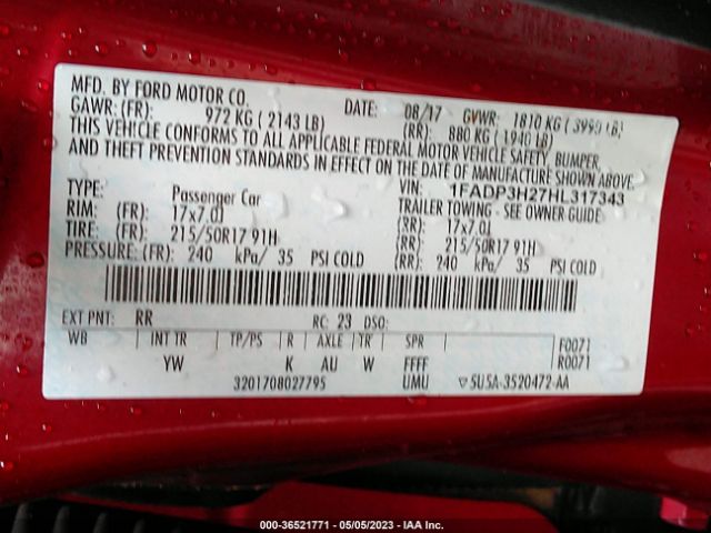 1FADP3H27HL317343 Ford FOCUS SEL