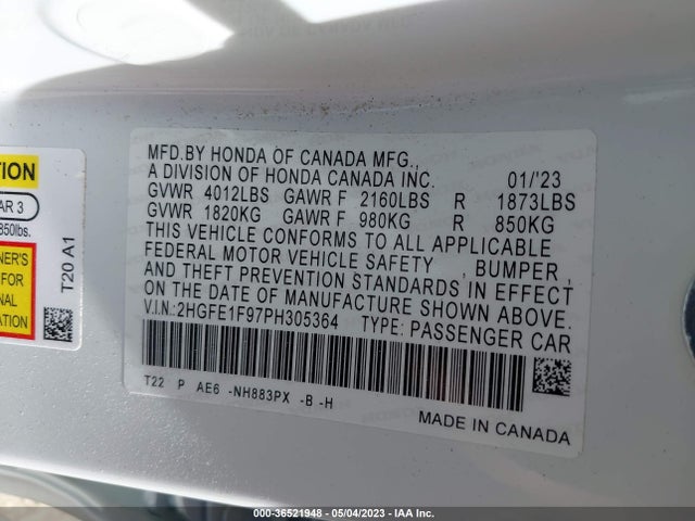 2023 HONDA CIVIC SEDAN VIN: 2HGFE1F97PH305364