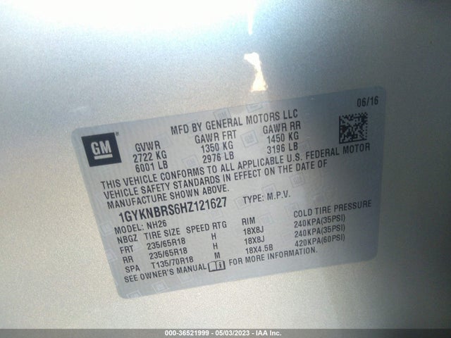 1GYKNBRS6HZ121627 Cadillac Xt5 Luxury Fwd