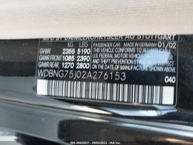 2002 MERCEDES-BENZ S-CLASS 5.0L VIN: WDBNG75J02A276153