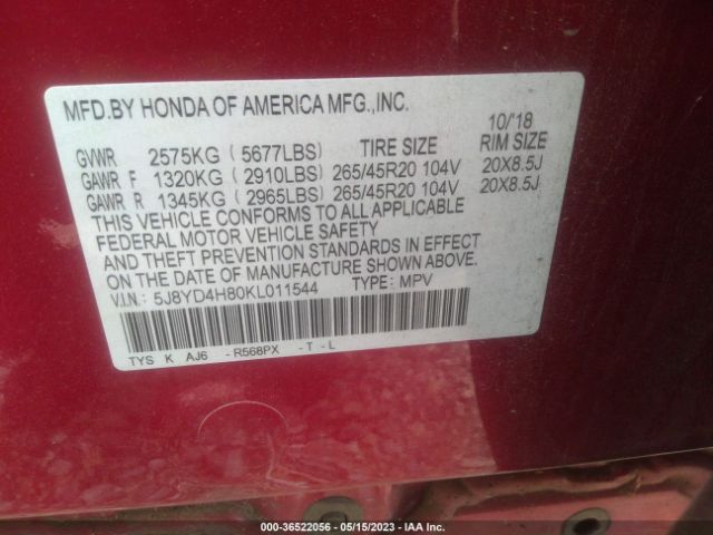 5J8YD4H80KL011544 Acura Mdx W/advance Pkg