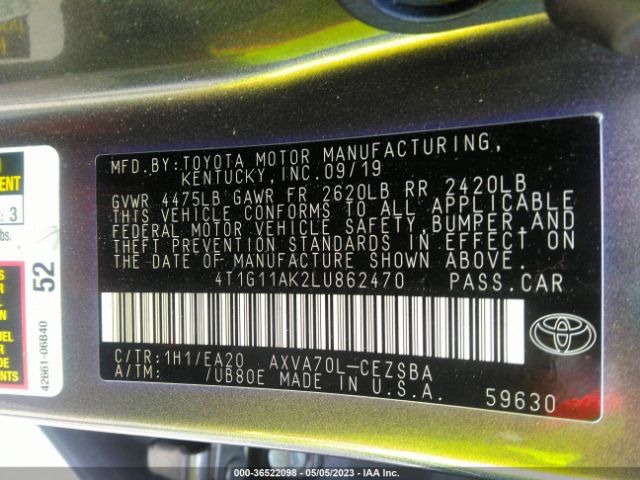 Toyota CAMRY SE 2020 4T1G11AK2LU862470 Image 10