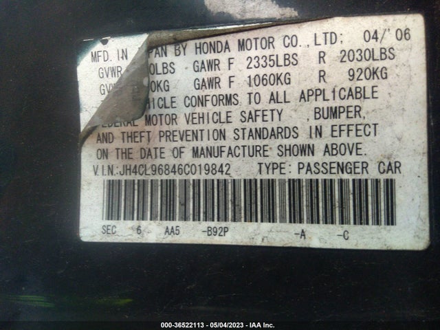 2006 ACURA TSX VIN: JH4CL96846C019842