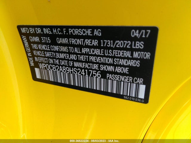 2017 Porsche Boxster, VIN: WP0CB2A89HS241756