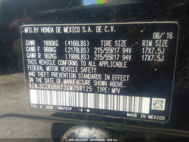 Honda Hr-v Ex-l W/navi 2016 3CZRU6H73GM758125 Image 9