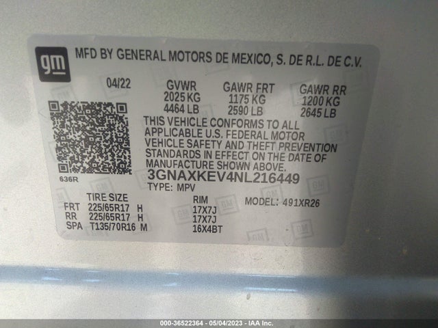 Chevrolet EQUINOX LT 2022 3GNAXKEV4NL216449 Image 9