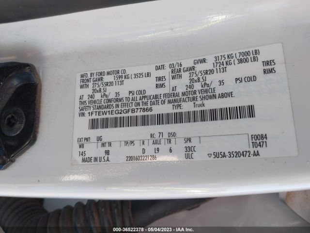 1FTEW1EG2GFB77866 Ford F-150 Xlt/xl/lariat/platinum