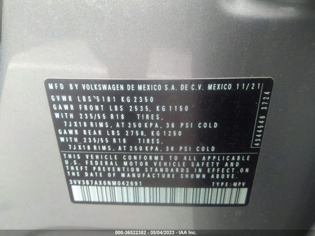 3VV3B7AX6NM042691 Volkswagen TIGUAN SE