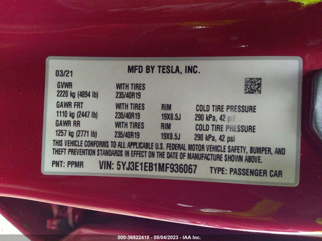 Tesla Model 3 Long Range 2021 5YJ3E1EB1MF936067 Image 11