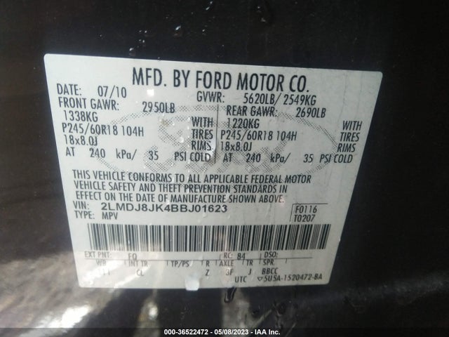2011 LINCOLN MKX VIN: 2LMDJ8JK4BBJ01623