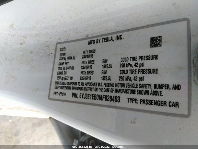 Tesla Model 3 Long Range 2021 5YJ3E1EB0MF928493 Image 9