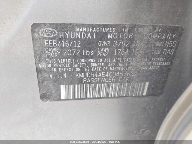 2012 HYUNDAI ELANTRA GLS VIN: KMHDH4AE4CU457639
