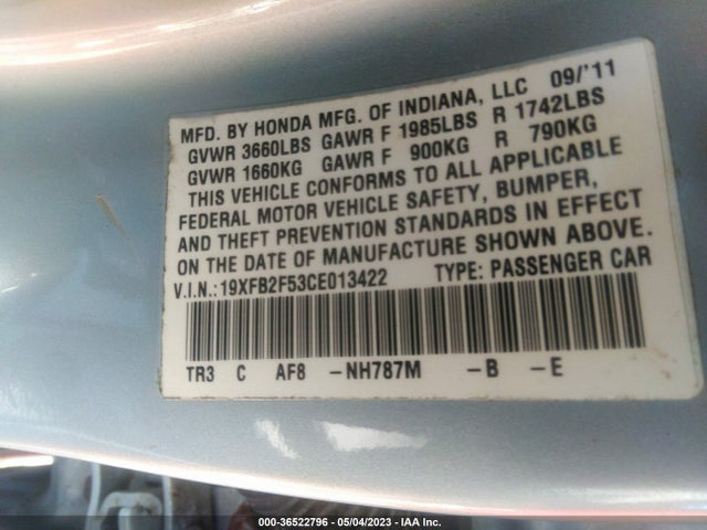 2012 HONDA CIVIC SDN LX VIN: 19XFB2F53CE013422