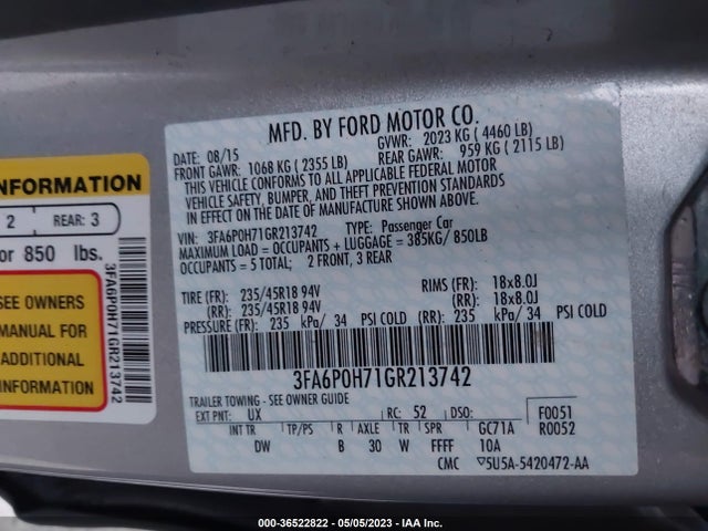 Ford FUSION SE 2016 3FA6P0H71GR213742 Image 9