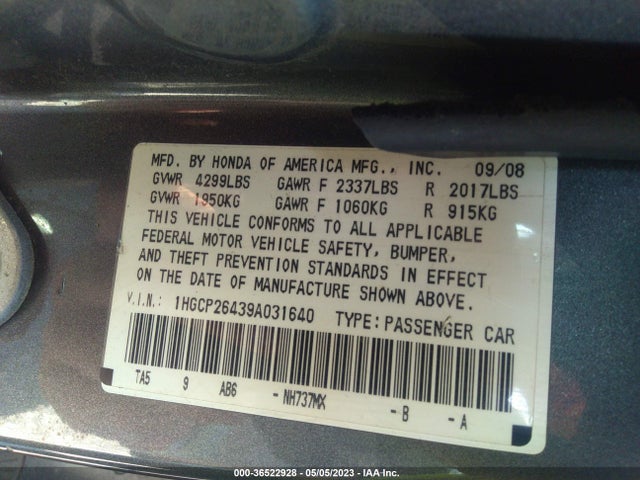 2009 HONDA ACCORD SDN LX-P VIN: 1HGCP26439A031640