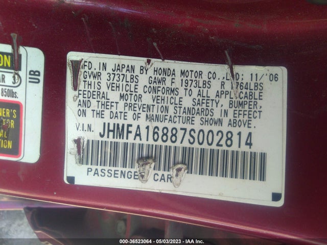 2007 HONDA CIVIC SDN EX VIN: JHMFA16887S002814