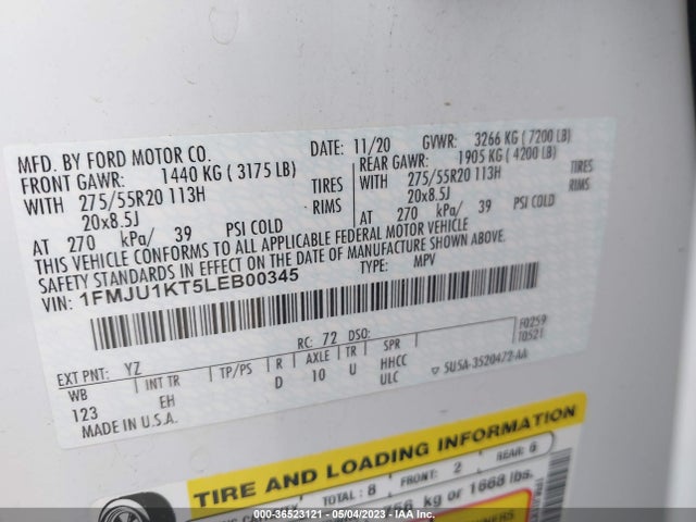 2020 FORD EXPEDITION LIMITED VIN: 1FMJU1KT5LEB00345