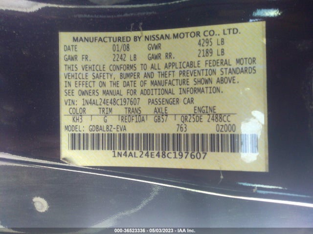2008 NISSAN ALTIMA 2.5 S VIN: 1N4AL24E48C197607