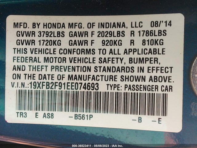 2014 HONDA CIVIC SEDAN EX-L VIN: 19XFB2F91EE074693