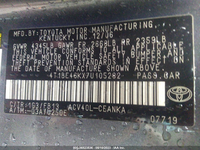 2007 TOYOTA CAMRY CE/LE/SE/XLE VIN: 4T1BE46KX7U105282