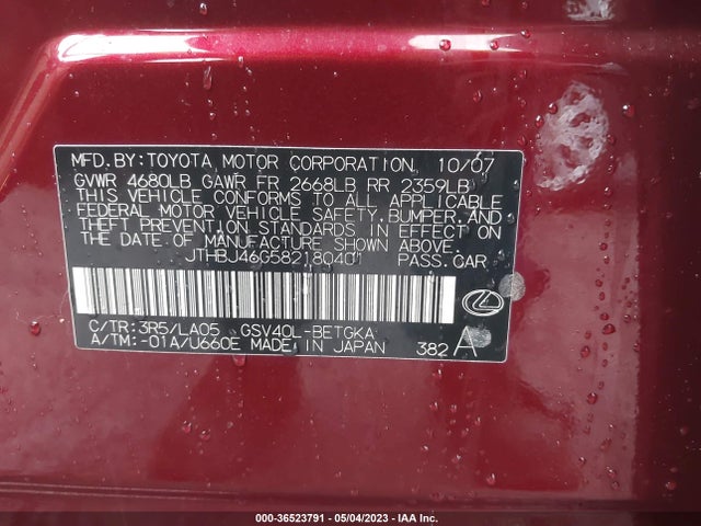 2008 LEXUS ES 350 VIN: JTHBJ46G582180401