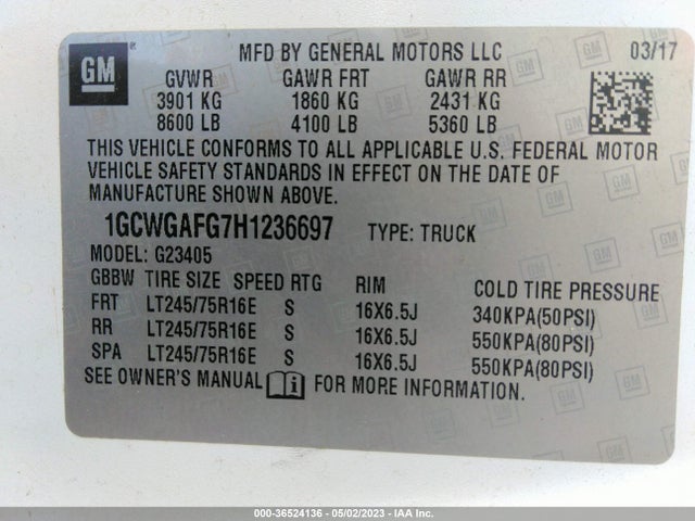 2017 CHEVROLET EXPRESS CARGO VAN VIN: 1GCWGAFG7H1236697