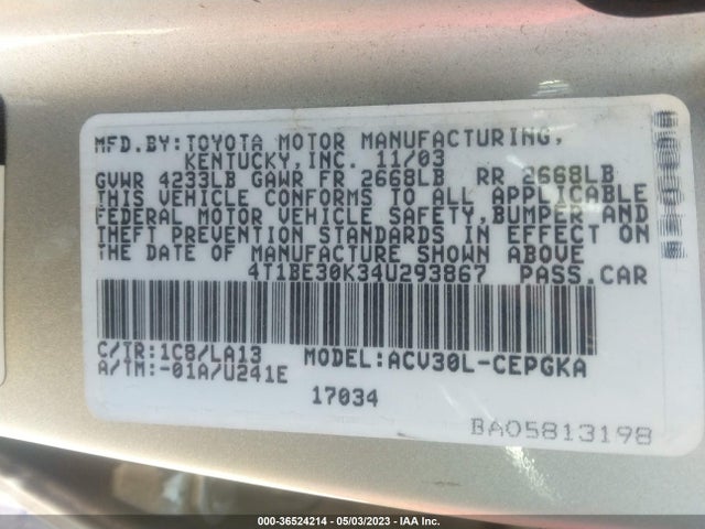 2004 TOYOTA CAMRY LE/SE/XLE VIN: 4T1BE30K34U293867
