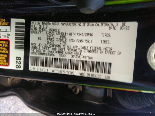2022 TOYOTA TACOMA 2WD SR5/TRD SPORT VIN: 3TMBZ5DN4NM034836