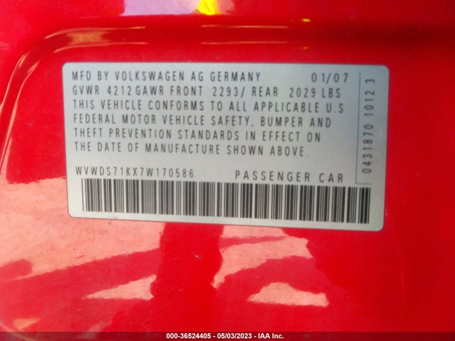 2007 VOLKSWAGEN RABBIT VIN: WVWDS71KX7W170586