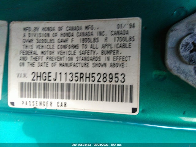 1994 HONDA CIVIC EX VIN: 2HGEJ1135RH528953