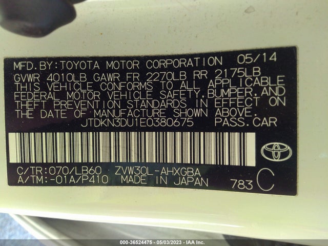 Toyota Prius Four/five/three/one/two 2014 JTDKN3DU1E0380675 Image 9