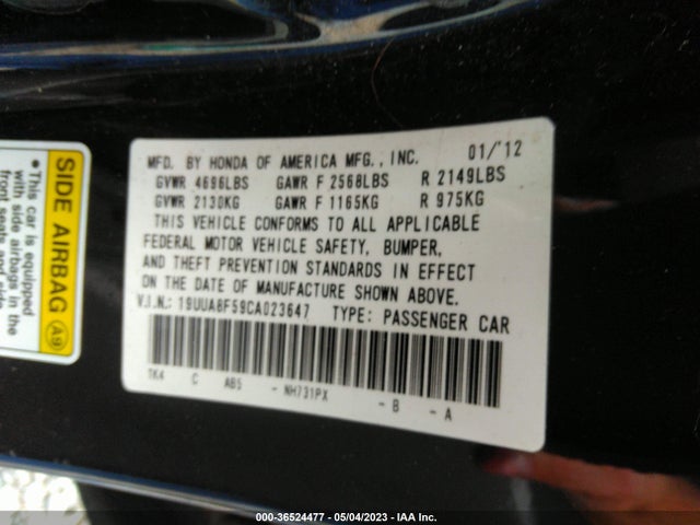 2012 ACURA TL TECH AUTO VIN: 19UUA8F59CA023647