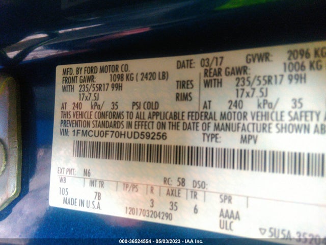 2017 FORD ESCAPE S VIN: 1FMCU0F70HUD59256
