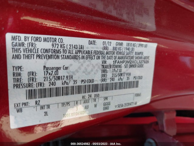 2012 FORD FOCUS SEL VIN: 1FAHP3M2XCL327929