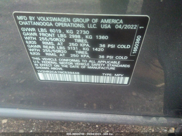 1V2HR2CA1NC539448 Volkswagen Atlas 3.6l V6 Se W/technology