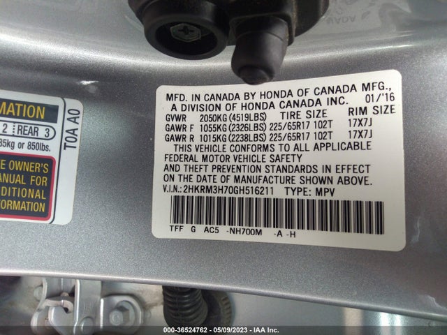 Honda Cr-v Ex-l 2016 2HKRM3H70GH516211 Image 9