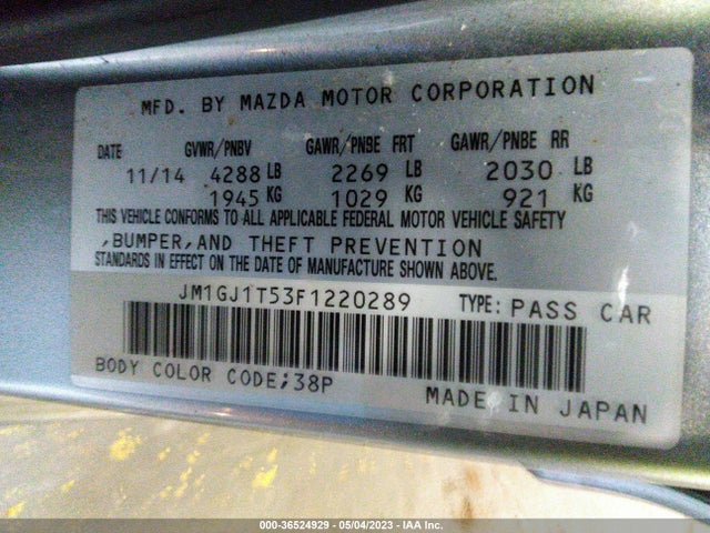 2015 MAZDA MAZDA6 I TOURING VIN: JM1GJ1T53F1220289