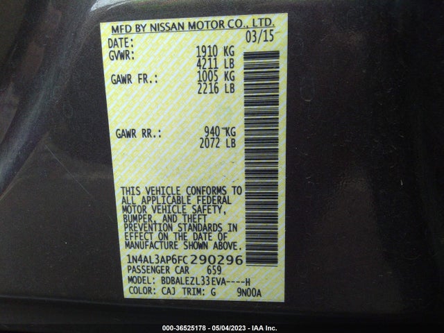 Nissan Altima 2.5 S 2015 1N4AL3AP6FC290296 Image 10