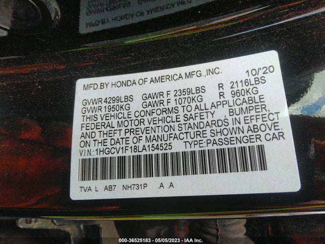 2020 HONDA ACCORD SEDAN LX VIN: 1HGCV1F18LA154525