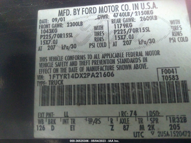 2002 FORD RANGER XL/XLT VIN: 1FTYR14DX2PA21606