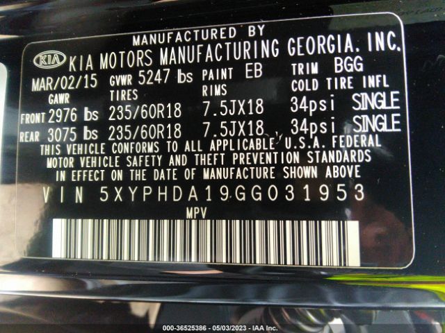 5XYPHDA19GG031953 KIA SORENTO EX