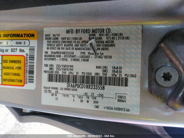 2019 FORD FUSION SEL VIN: 3FA6P0CD1KR233558
