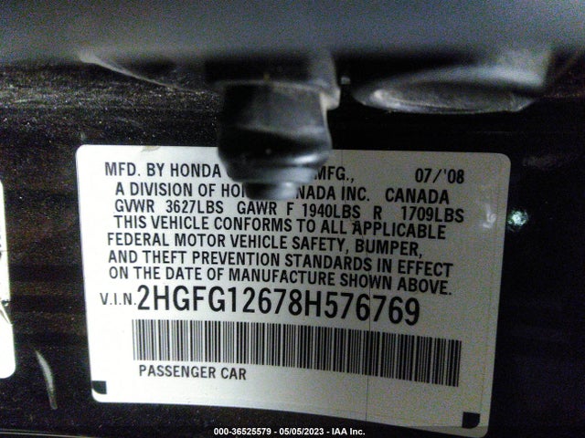 2008 HONDA CIVIC CPE LX VIN: 2HGFG12678H576769