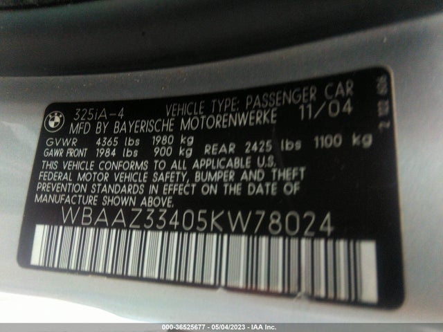 2005 BMW 3 SERIES 325I VIN: WBAAZ33405KW78024