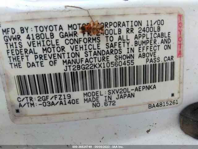 2001 TOYOTA CAMRY CE/LE/XLE VIN: JT2BG22KX10560455