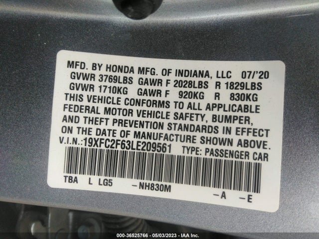 2020 HONDA CIVIC SEDAN LX VIN: 19XFC2F63LE209561