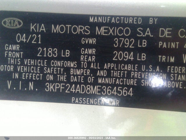 Aukcja sprzedaży 2021 Kia Forte Lxs, vin: 3KPF24AD8ME364564, numer aukcji: 36525992